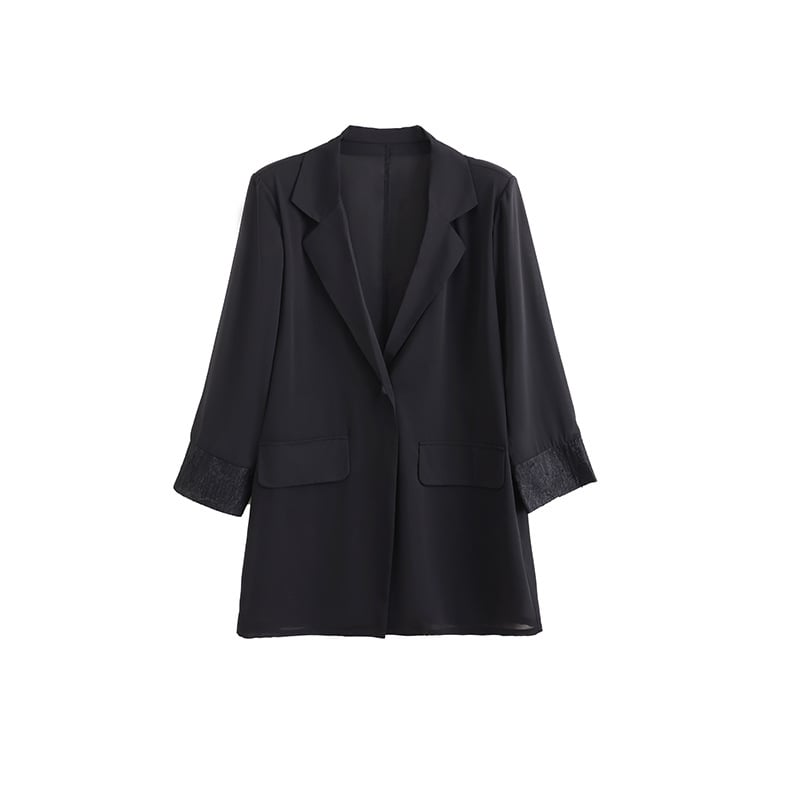 Dámske sako s vypchanými ramenami a čipkovými panelmi, vzor farebných blokov, golier Peter Pan, 3/4 rukávy, jednostranné zapínanie