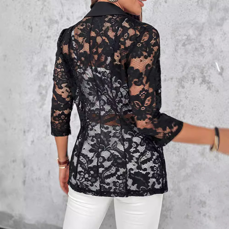 Jakna s čipkom i printom, jednolinijski ovratnik, dugi zvonasti rukavi, pamuk-poliester smjesa (30–50% pamuka)