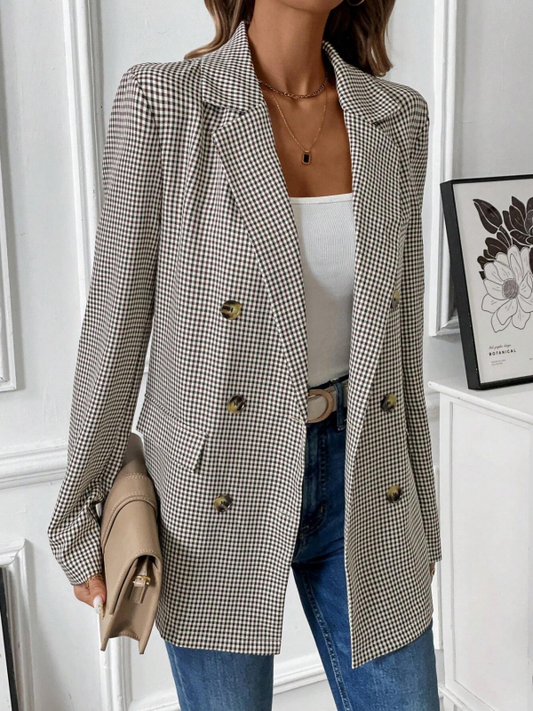 Ženski karirani blejzer s reverom, regular fit, dvostruko kopčanje s tri gumba, poliester (≥95%)