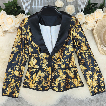 Ženski Slim-Fit blejzer s geometrijskim uzorkom, Stretch Satin, ultrakrata duljina, dugi rukav, kopčanje na jedan red gumba