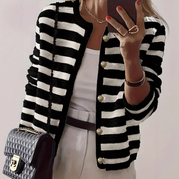 Pleten kardigan s prugama, gumbima, okrugli izrez, dugi rukavi
