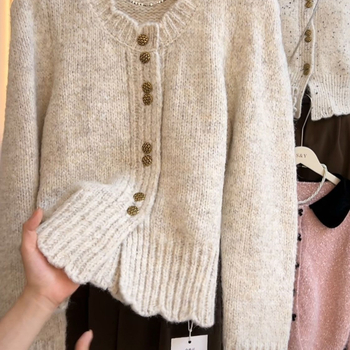 Kardigan od pletenog materijala s Ice Silk, okrugli izrez, rebrasta tekstura, klasična silueta