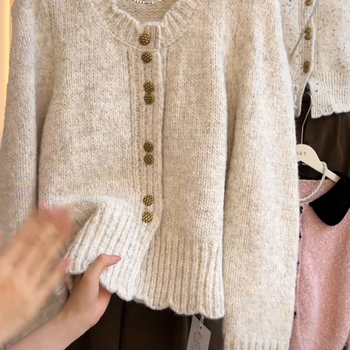 Kardigan od pletenog materijala s Ice Silk, okrugli izrez, rebrasta tekstura, klasična silueta