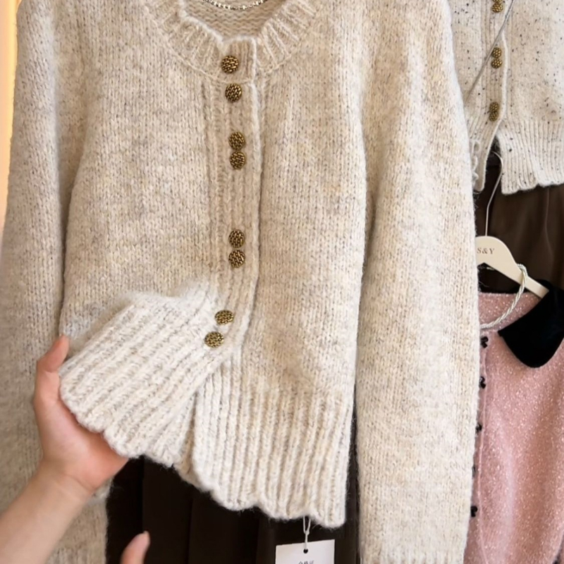 Kardigan od pletenog materijala s Ice Silk, okrugli izrez, rebrasta tekstura, klasična silueta