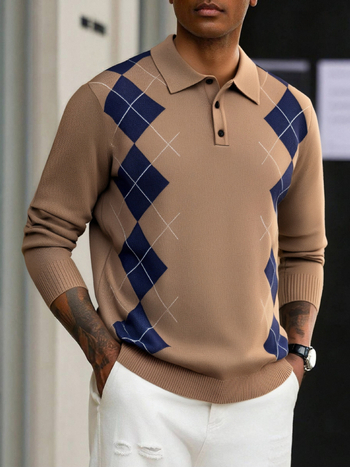 Muški polo džemper s polo ovratnikom, dijamantni uzorak blok dizajn, Jacquard pletenina, dugi rukavi, 100% poliester