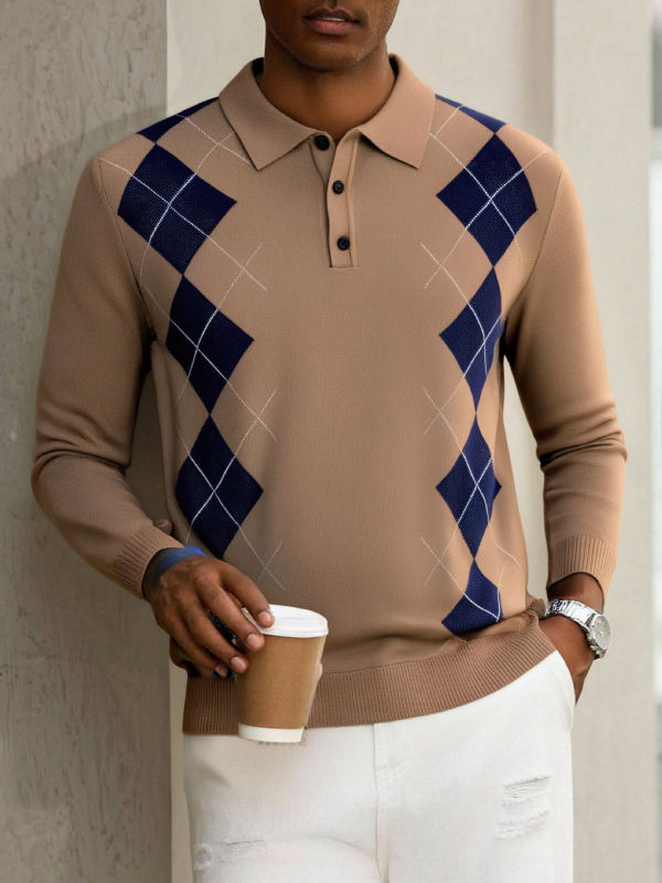 Muški polo džemper s polo ovratnikom, dijamantni uzorak blok dizajn, Jacquard pletenina, dugi rukavi, 100% poliester