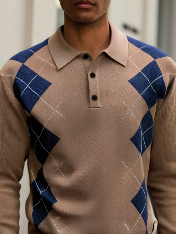 Muški polo džemper s polo ovratnikom, dijamantni uzorak blok dizajn, Jacquard pletenina, dugi rukavi, 100% poliester