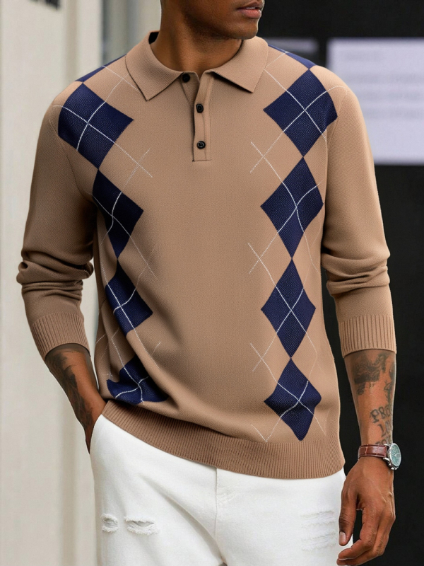 Muški polo džemper s polo ovratnikom, dijamantni uzorak blok dizajn, Jacquard pletenina, dugi rukavi, 100% poliester