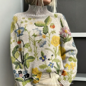 Džemper s visokim ovratnikom, božićni print, flis materijal, dugi rukavi, srednja duljina, slobodan kroj, japansko-korejski casual stil