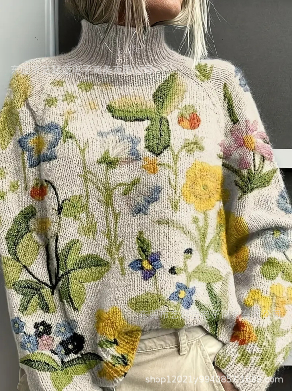 Džemper s visokim ovratnikom, božićni print, flis materijal, dugi rukavi, srednja duljina, slobodan kroj, japansko-korejski casual stil