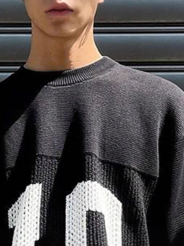 Jacquard pleteni pulover s okruglim izrezom, dugi rukavi, labav kroj, jesensko-zimsko