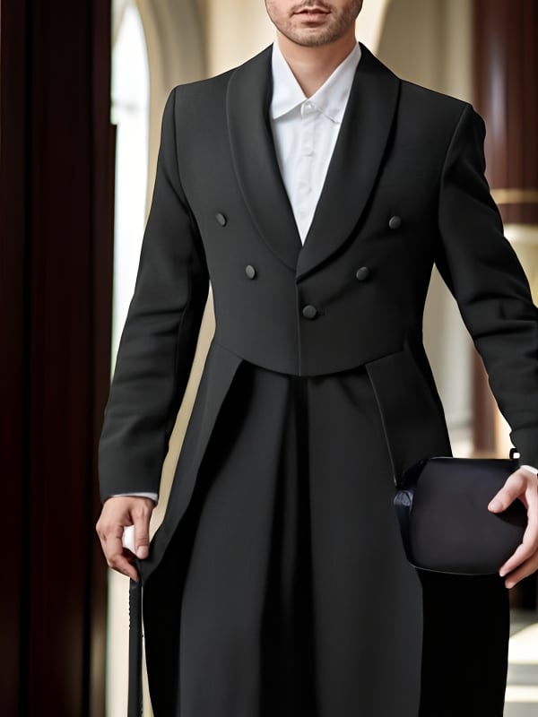 Vyrinis frakas su uodega — siauras kirpimas, šaliko apykaklė, vieno mygtuko užsegimas, poliesterio mišinys