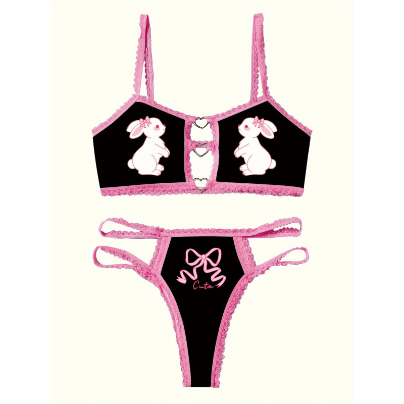 Set grudnjaka i gaćica s printom zeca; trokutaste košarice; srednje oblikovane košarice; glavni materijal 90% poliester, 10% elastan; podstava 90% poliester, 10% elastan