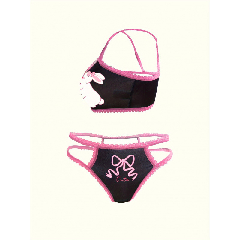 Set grudnjaka i gaćica s printom zeca; trokutaste košarice; srednje oblikovane košarice; glavni materijal 90% poliester, 10% elastan; podstava 90% poliester, 10% elastan