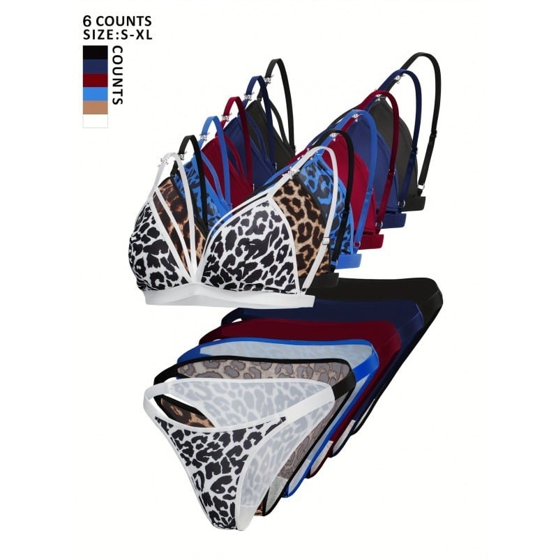 6-частов комплект дамско бельо в ретро стил с дантелен сутиен и триъгълна чашка, полиестерна материя, неформована чашка, комфорт