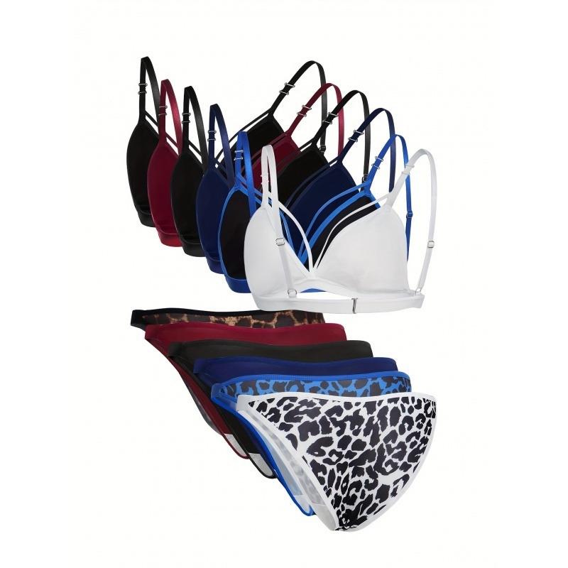 6-частов комплект дамско бельо в ретро стил с дантелен сутиен и триъгълна чашка, полиестерна материя, неформована чашка, комфорт