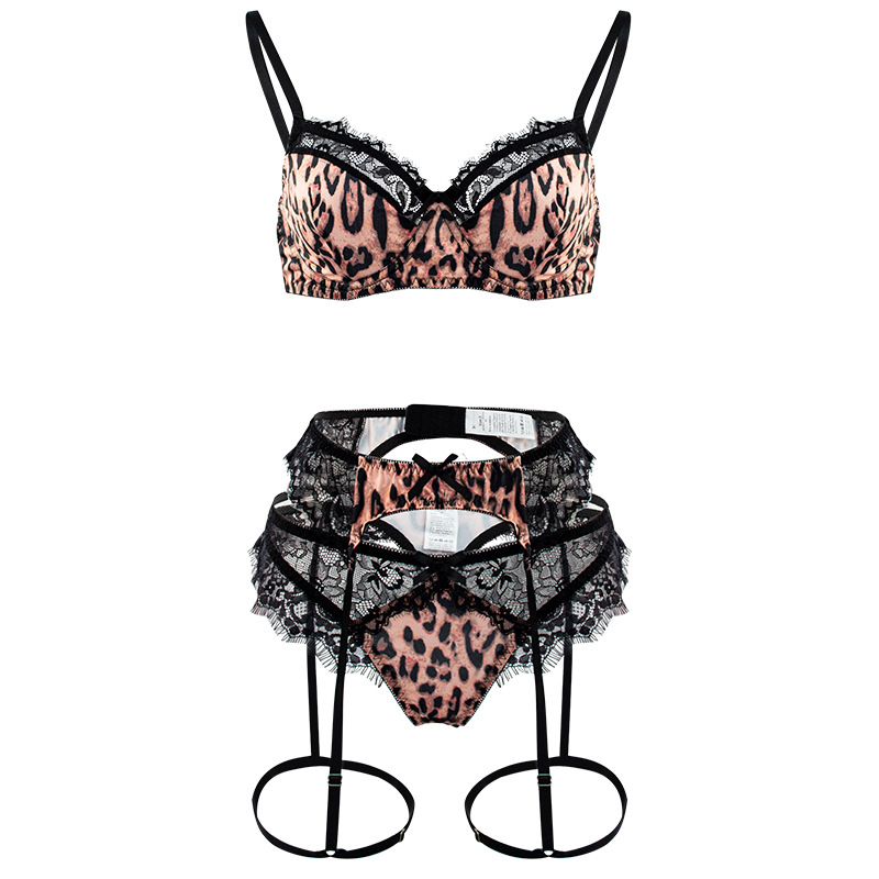 Donje rublje s leopard printom, prozirna čipka, tri dijela, poliester