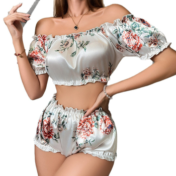 Ženski satenski set donjeg rublja – floralni uzorak, 100% poliester, pidžama hlače, mogućnosti uloge: mornar, konobar, motociklist