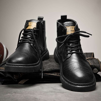 Muške kožne čizme s gornjim dijelom od microfiber kože, gumena potplata, srednja visina, britanski stil s debelom potplatom, dišući PU uložak