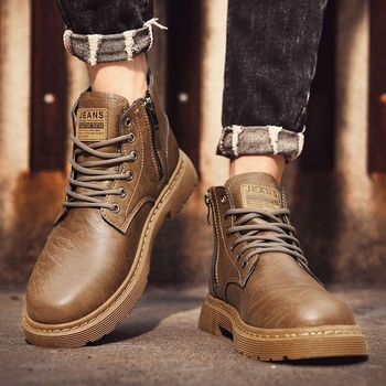 Muške kožne čizme s gornjim dijelom od microfiber kože, gumena potplata, srednja visina, britanski stil s debelom potplatom, dišući PU uložak