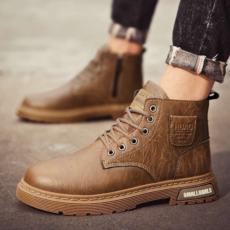 Muške kožne čizme s gornjim dijelom od microfiber kože, gumena potplata, srednja visina, britanski stil s debelom potplatom, dišući PU uložak