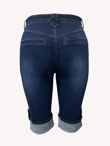 Dámske džínsové bermudy s vysokým pásom, s roztrhanými kolenami a elastickým lemom