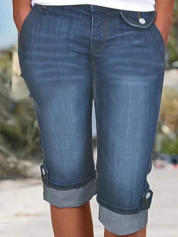 Dámske džínsové bermudy s vysokým pásom, s roztrhanými kolenami a elastickým lemom