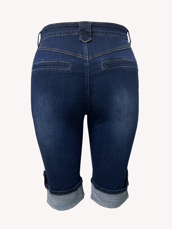 Dámske džínsové bermudy s vysokým pásom, s roztrhanými kolenami a elastickým lemom