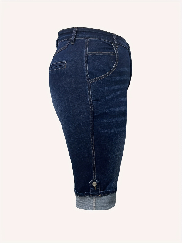 Dámske džínsové bermudy s vysokým pásom, s roztrhanými kolenami a elastickým lemom