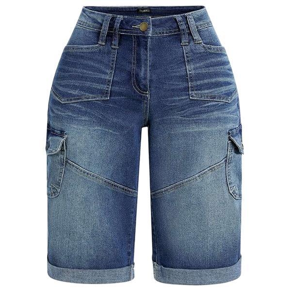 Denim bermuda šorty s klapkami vreckami a rolovaným lemom (Nylon; Snow Neil; japonsko-kórejský casual štýl)