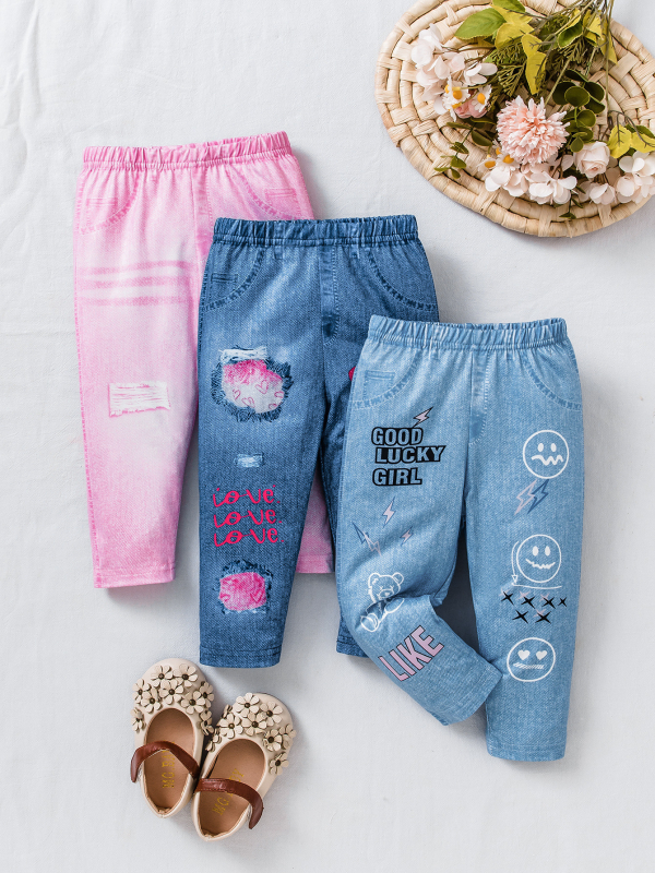 3-djelni set za bebe djevojčice: hlače u denim imitaciji s digitalnim printom i motiva abecede (stil Europa-Amerika; poliester; sigurnosna razina B; duge hlače; dob 1–3 godina)