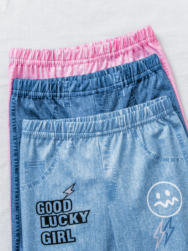 3-djelni set za bebe djevojčice: hlače u denim imitaciji s digitalnim printom i motiva abecede (stil Europa-Amerika; poliester; sigurnosna razina B; duge hlače; dob 1–3 godina)