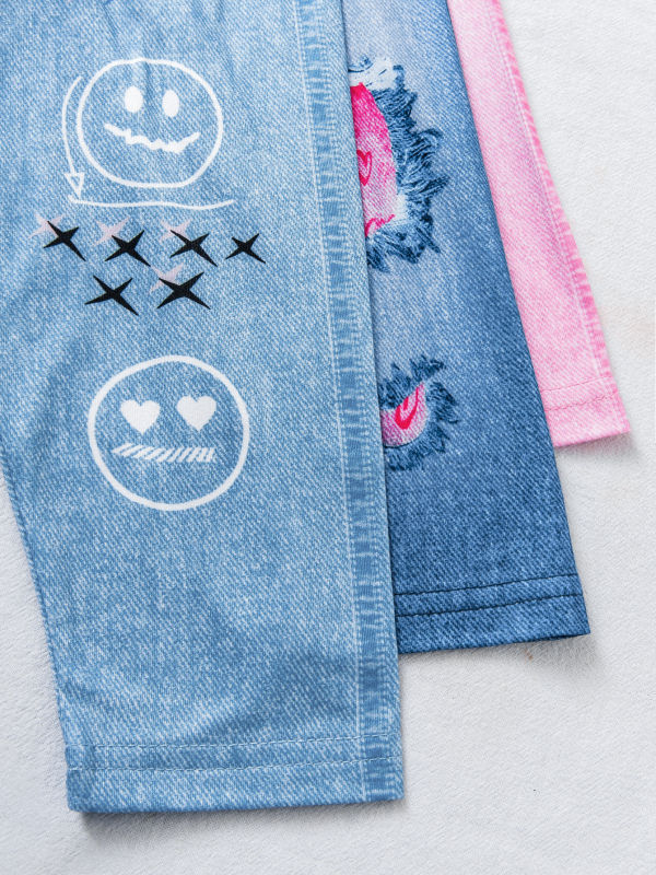 3-djelni set za bebe djevojčice: hlače u denim imitaciji s digitalnim printom i motiva abecede (stil Europa-Amerika; poliester; sigurnosna razina B; duge hlače; dob 1–3 godina)
