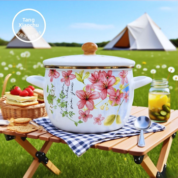 Smaltovaná hlboká nádoba na polievku s dvojitými uchami, nepriľnavý povrch, pokrievka