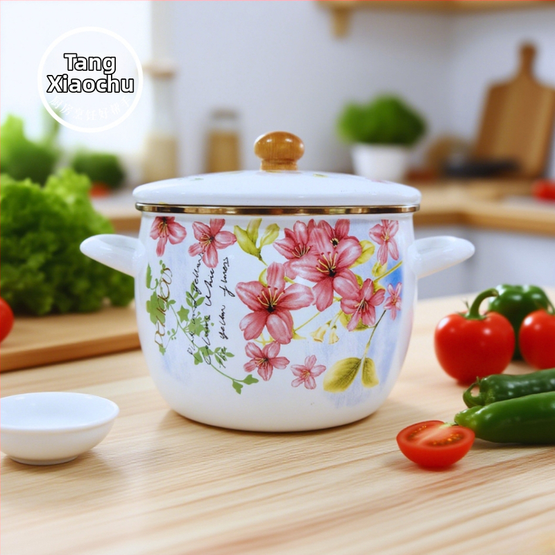 Emaliuotas gilių sriubų puodas su dvigubomis rankenėlėmis, neprilipantis paviršius, dangtelis įtrauktas