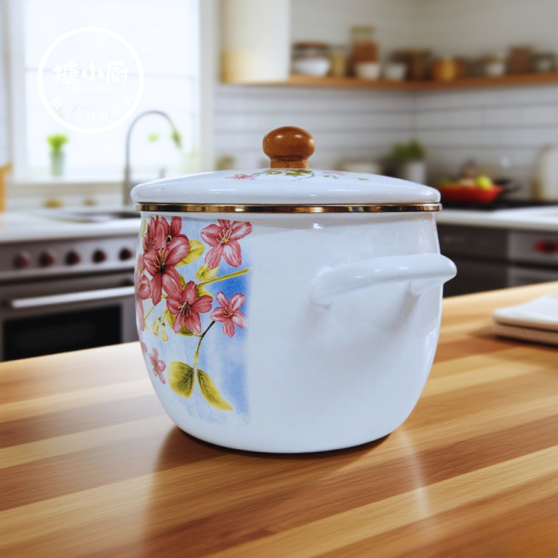 Smaltovaná hlboká nádoba na polievku s dvojitými uchami, nepriľnavý povrch, pokrievka