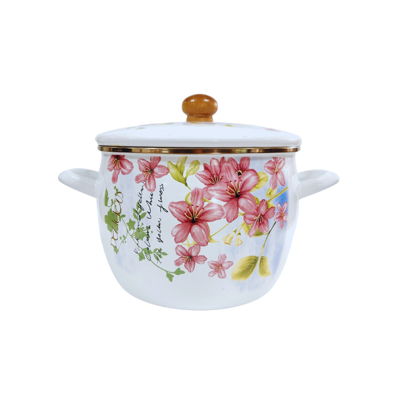 Smaltovaná hlboká nádoba na polievku s dvojitými uchami, nepriľnavý povrch, pokrievka