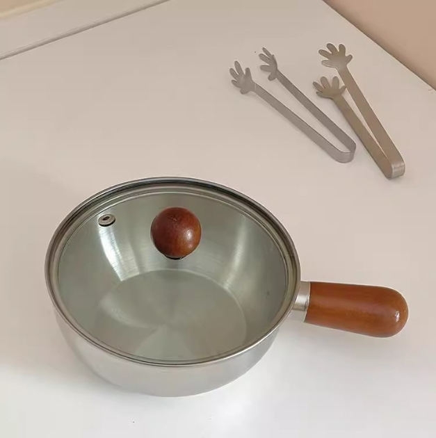 304 nerezová oceľ mliečna miska s skleneným viečkom a úchytkou z orechového dreva, určená pre jednu osobu