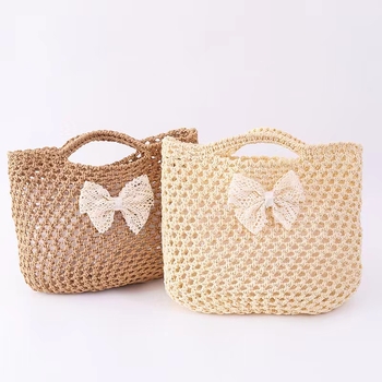 Geantă din paie pentru copii cu funda dantelată, Mori stil, mâner de mână, respirabilă, vară 2025