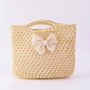 Geantă din paie pentru copii cu funda dantelată, Mori stil, mâner de mână, respirabilă, vară 2025