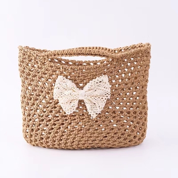 Geantă din paie pentru copii cu funda dantelată, Mori stil, mâner de mână, respirabilă, vară 2025