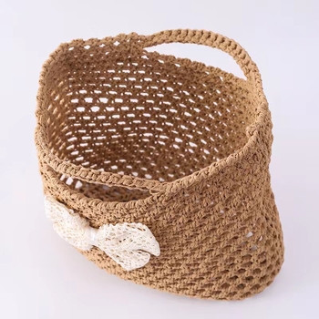 Geantă din paie pentru copii cu funda dantelată, Mori stil, mâner de mână, respirabilă, vară 2025