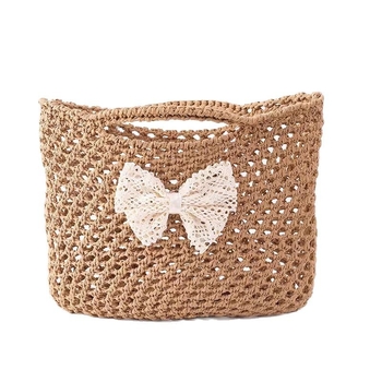 Geantă din paie pentru copii cu funda dantelată, Mori stil, mâner de mână, respirabilă, vară 2025