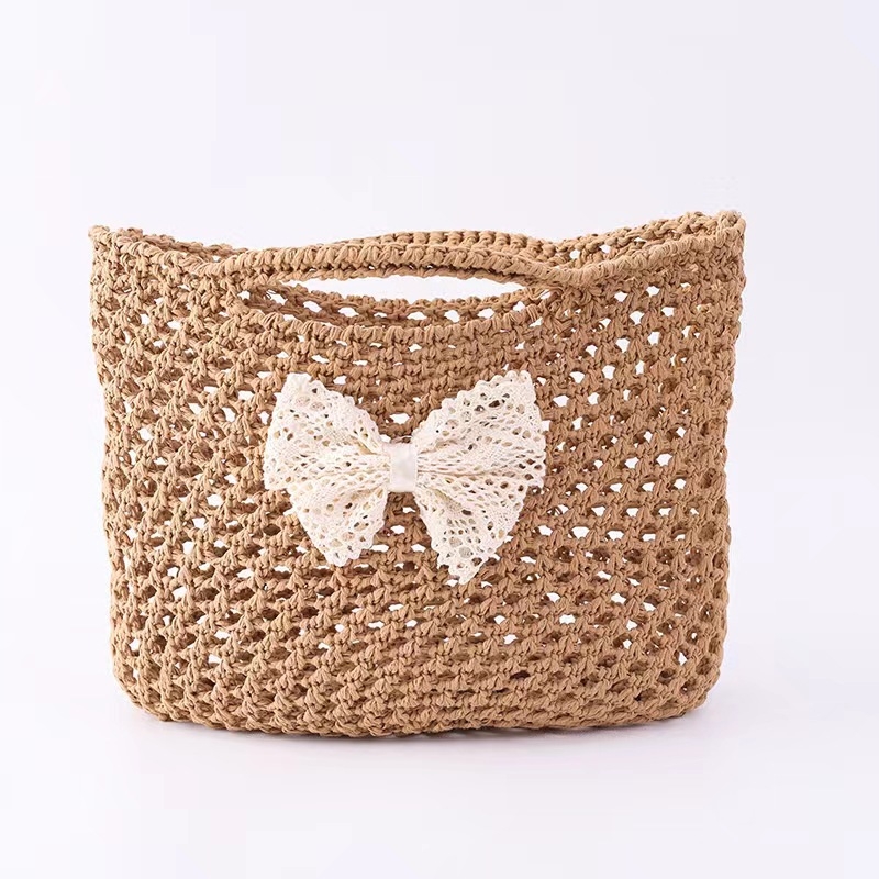 Geantă din paie pentru copii cu funda dantelată, Mori stil, mâner de mână, respirabilă, vară 2025