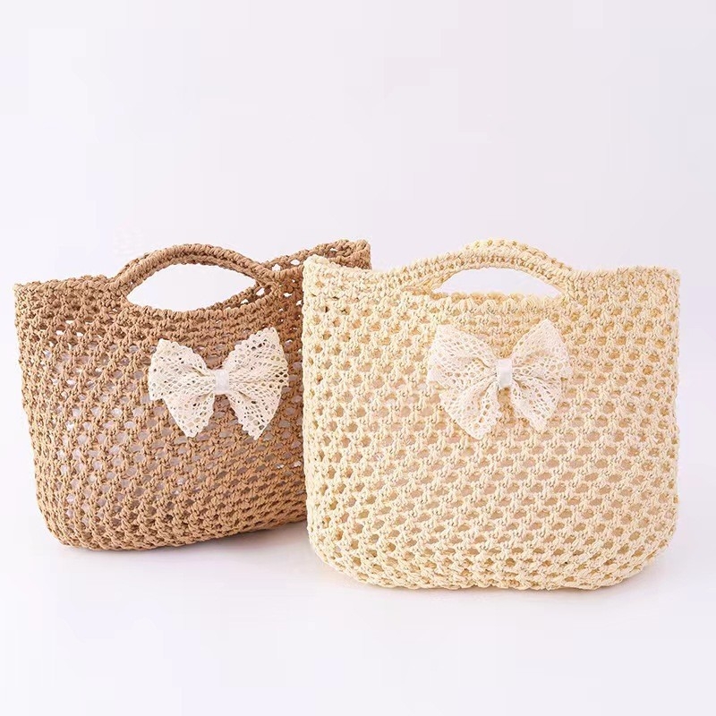 Geantă din paie pentru copii cu funda dantelată, Mori stil, mâner de mână, respirabilă, vară 2025