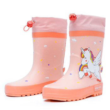 Detské dažďové topánky s motívom jednorožca, gumová vrchná časť, vysoký holenný, nízky podpätok, celoročné použitie