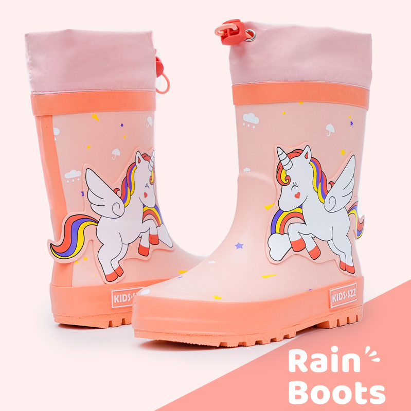 Detské dažďové topánky s motívom jednorožca, gumová vrchná časť, vysoký holenný, nízky podpätok, celoročné použitie