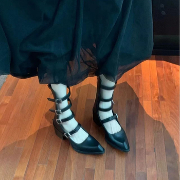 qt1 Ženske sandale - šiljasti nos, PU gornji dio, PU unutarnja podstava, gumeni potplat, srednji potpetica, ljeto 2024