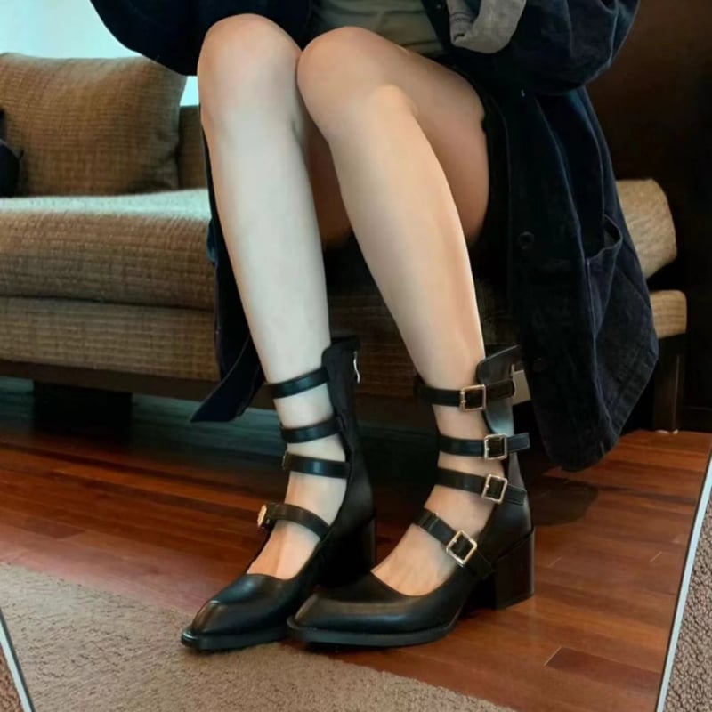 qt1 Ženske sandale - šiljasti nos, PU gornji dio, PU unutarnja podstava, gumeni potplat, srednji potpetica, ljeto 2024