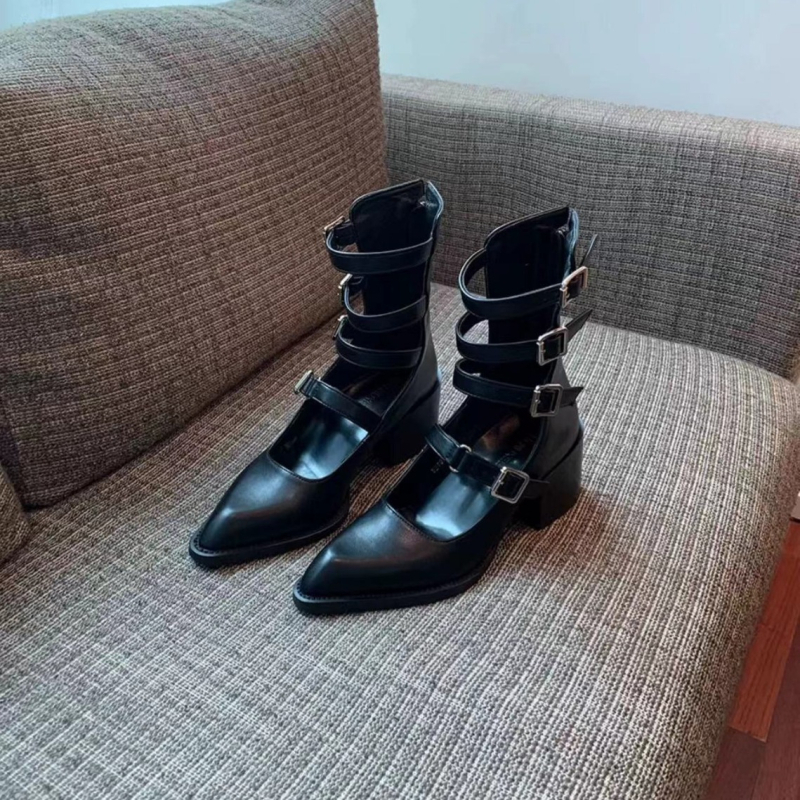 qt1 Ženske sandale - šiljasti nos, PU gornji dio, PU unutarnja podstava, gumeni potplat, srednji potpetica, ljeto 2024